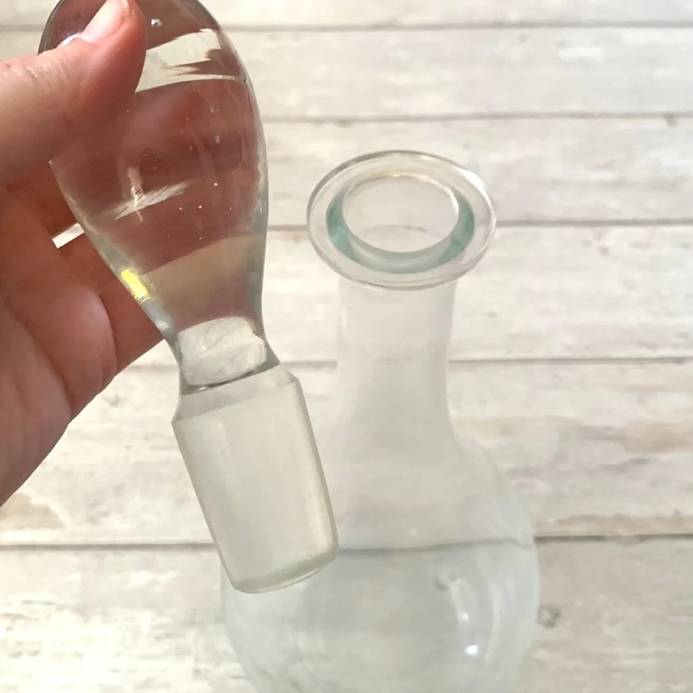 Vintage Decanter Teardrop Shape Etched Glass Grapes Leaves Design 15in Tall
